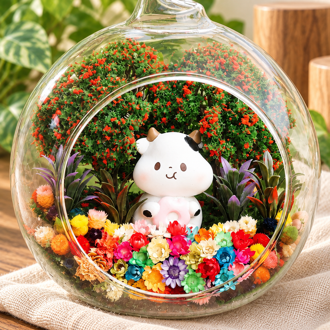 White Calf Preserved Flower Terrarium — figurine close up