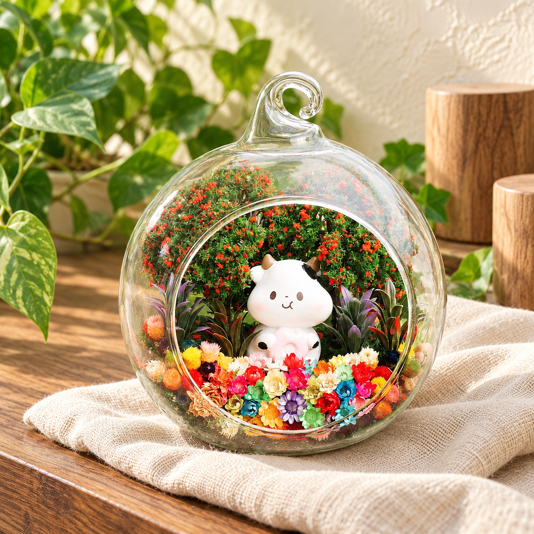 White Calf Preserved Flower Terrarium styled in a natural home setting with clear glass and product details