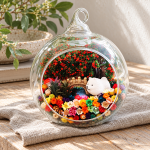White Puppy with Bridge Preserved Flower Terrarium styled in a natural home setting with clear glass and product details