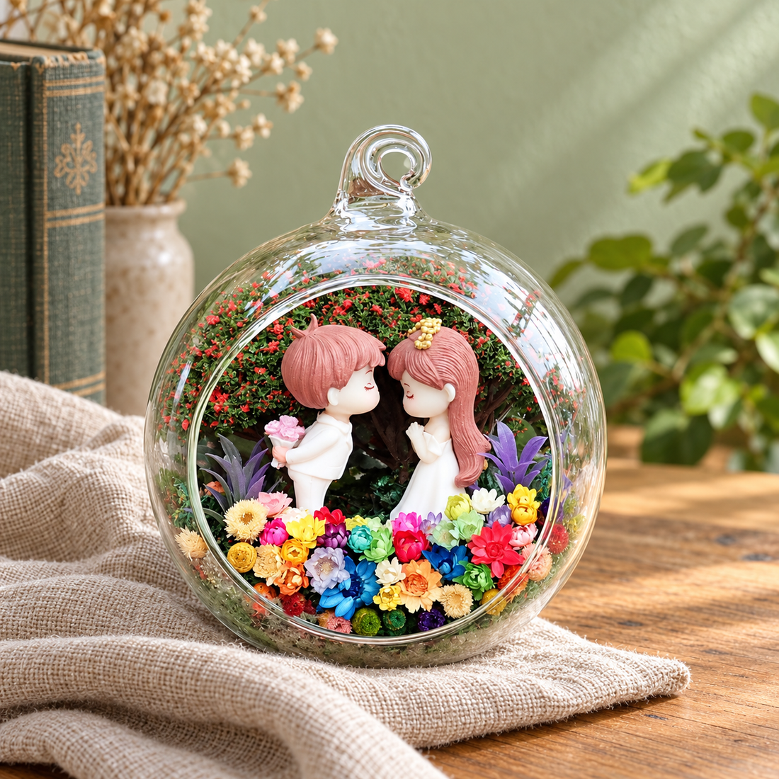 White Wedding Couple Preserved Flower Terrarium styled in a natural home setting with clear glass and product details