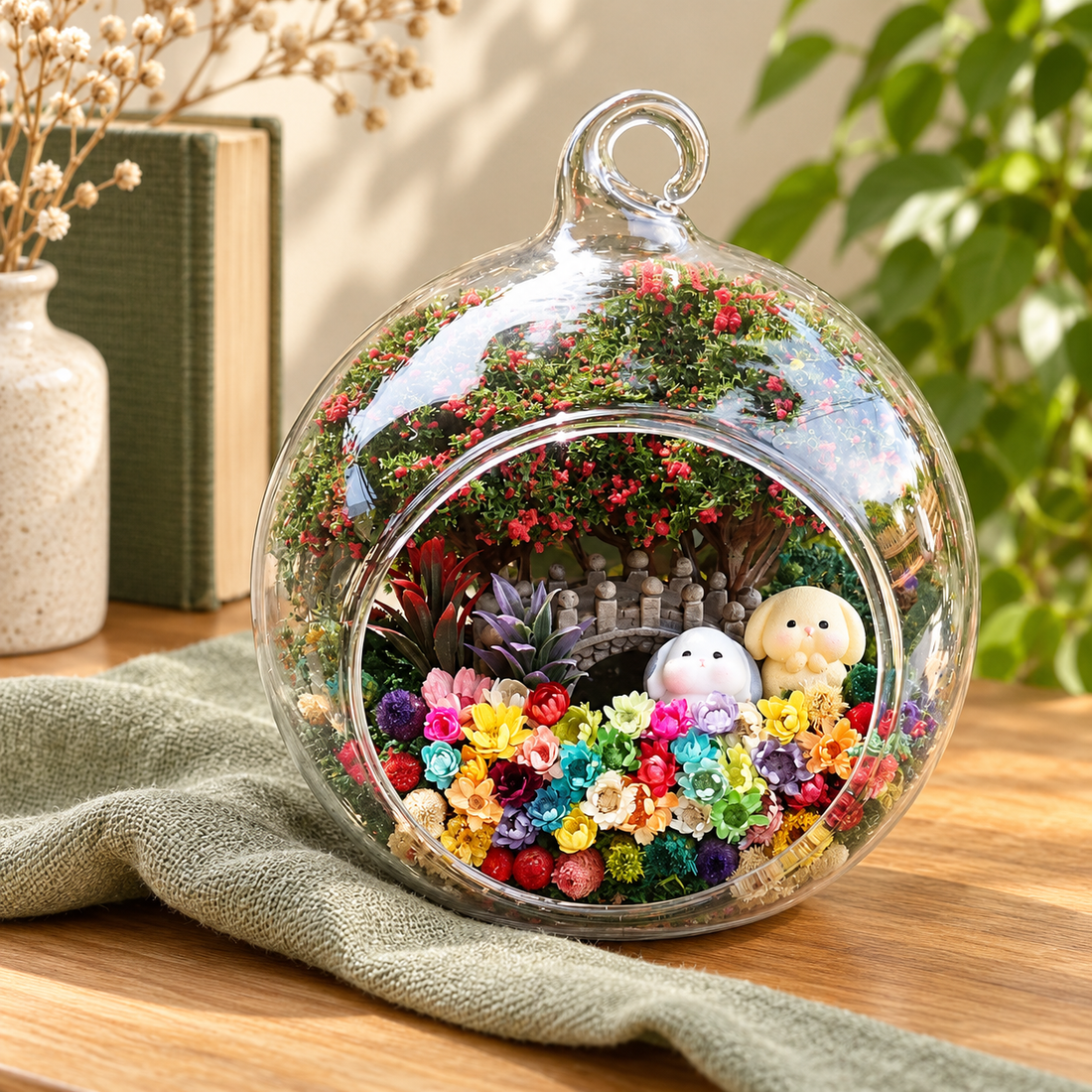 Yellow and White Bunnies Preserved Flower Terrarium styled in a natural home setting with clear glass and product details