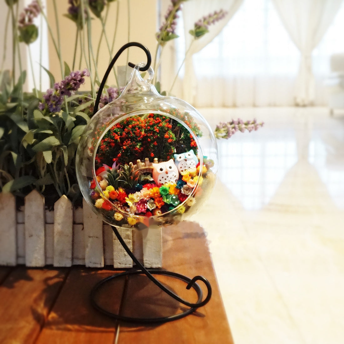 Pink and Blue Owls preserved flower terrarium