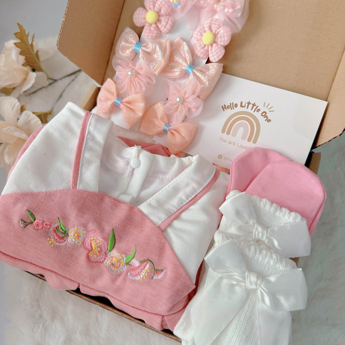 Pink Hanbok standard baby gift box with pink Hanbok-style romper