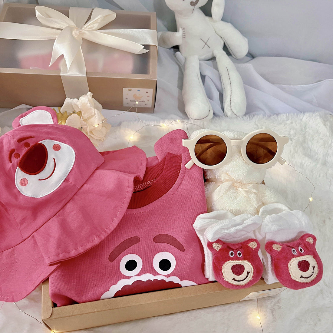 Pink Pals Lotso classic baby gift box with pink bear-themed romper