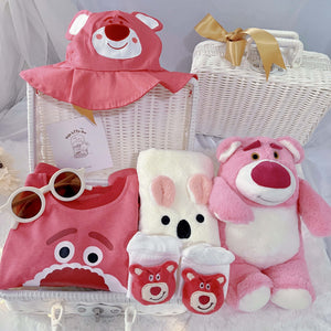 Pink Pals Lotso premium baby gift set in a rattan basket with pink bear-themed romper
