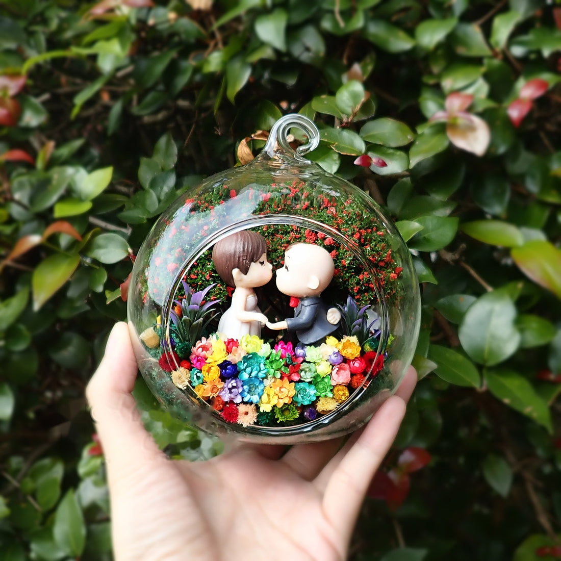 Playful Couple preserved flower terrarium