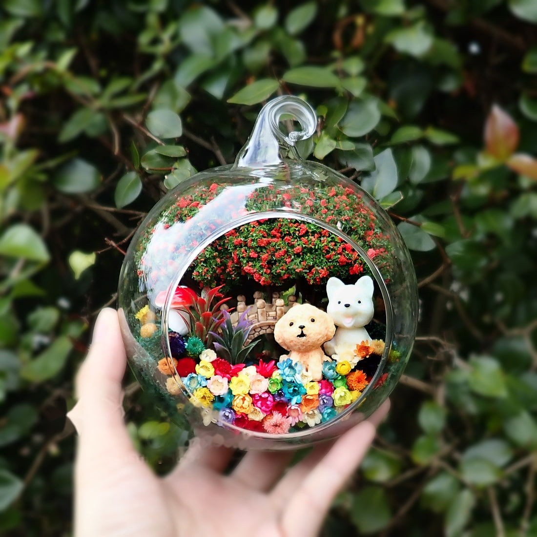 Poodle and Puppy preserved flower terrarium