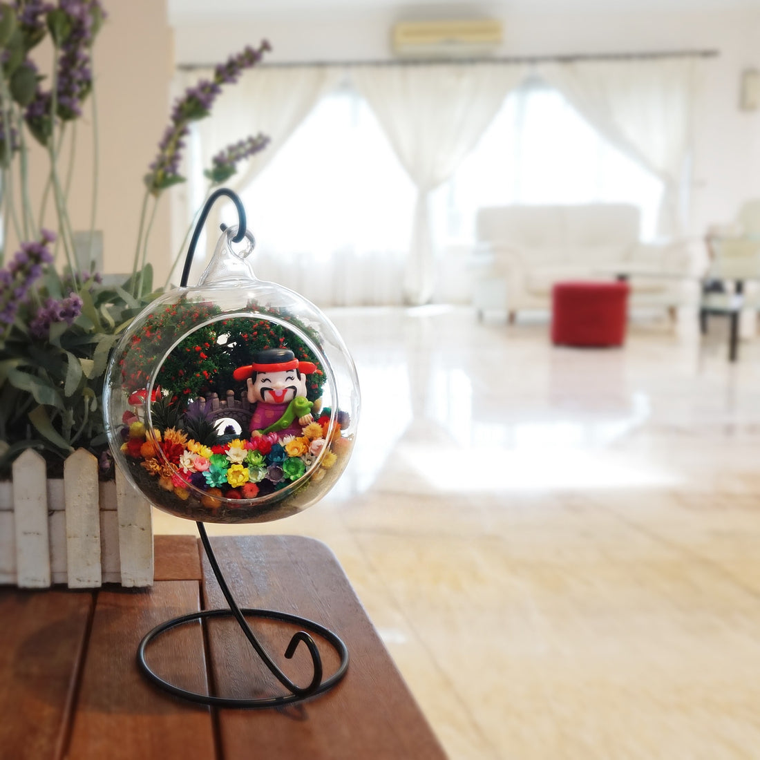 Prosperity God in Purple preserved flower terrarium