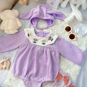 Purple Bunny baby outfit styling – romper with purple bunny-ear hat