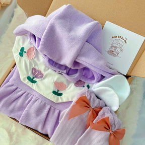 Purple Bunny standard baby gift box with romper with purple bunny-ear hat