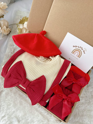 Red Riding Hood standard baby gift box with red romper with puff sleeves, bows and red beret