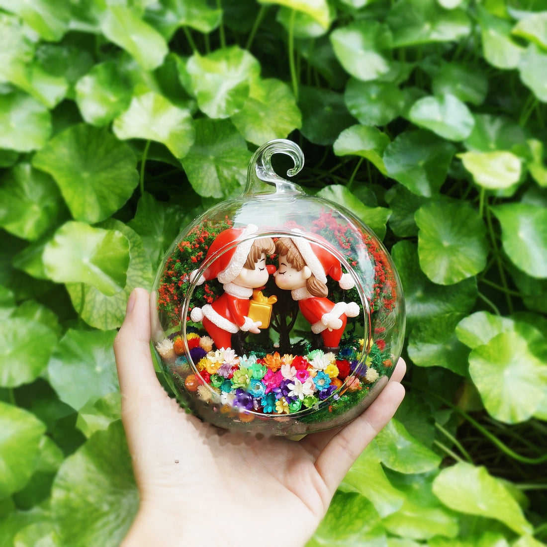 Santa Couple preserved flower terrarium
