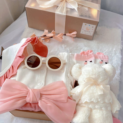 Strawberry Mochi classic baby gift box with pink romper with ribbon accent