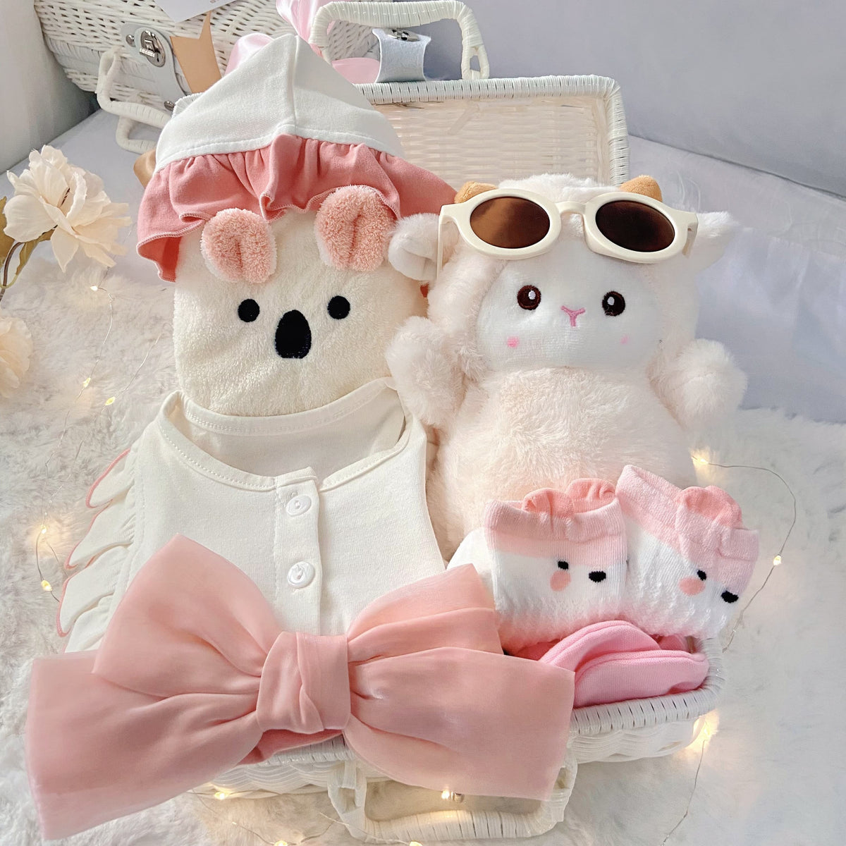 Strawberry Mochi premium baby gift set in a rattan basket with pink romper with ribbon accent