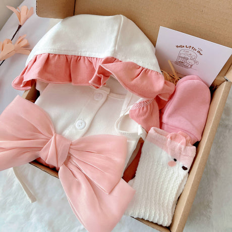Strawberry Mochi standard baby gift box with pink romper with ribbon accent