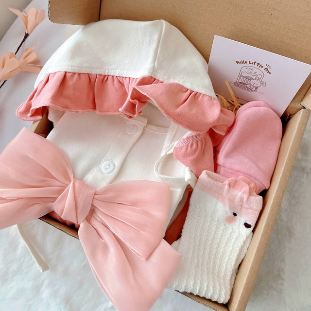 Strawberry Mochi standard baby gift box with pink romper with ribbon accent