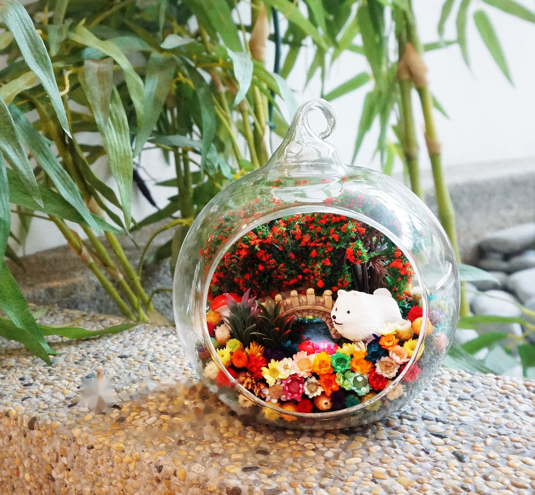 White Puppy with Bridge preserved flower terrarium